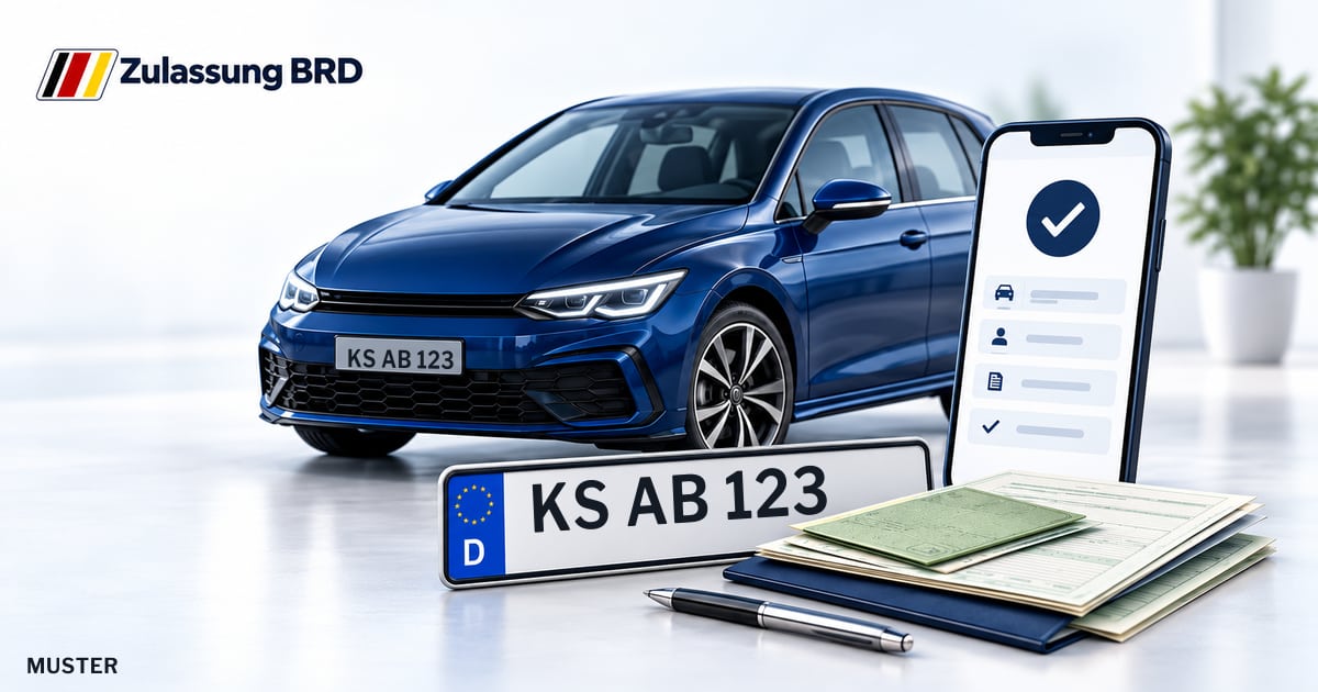 Online Fahrzeugzulassung in Hofgeismar: Musterkennzeichen KS AB 123, Auto und Fahrzeugpapiere und Smartphone. Illustration mit Logo von Zulassung BRD.